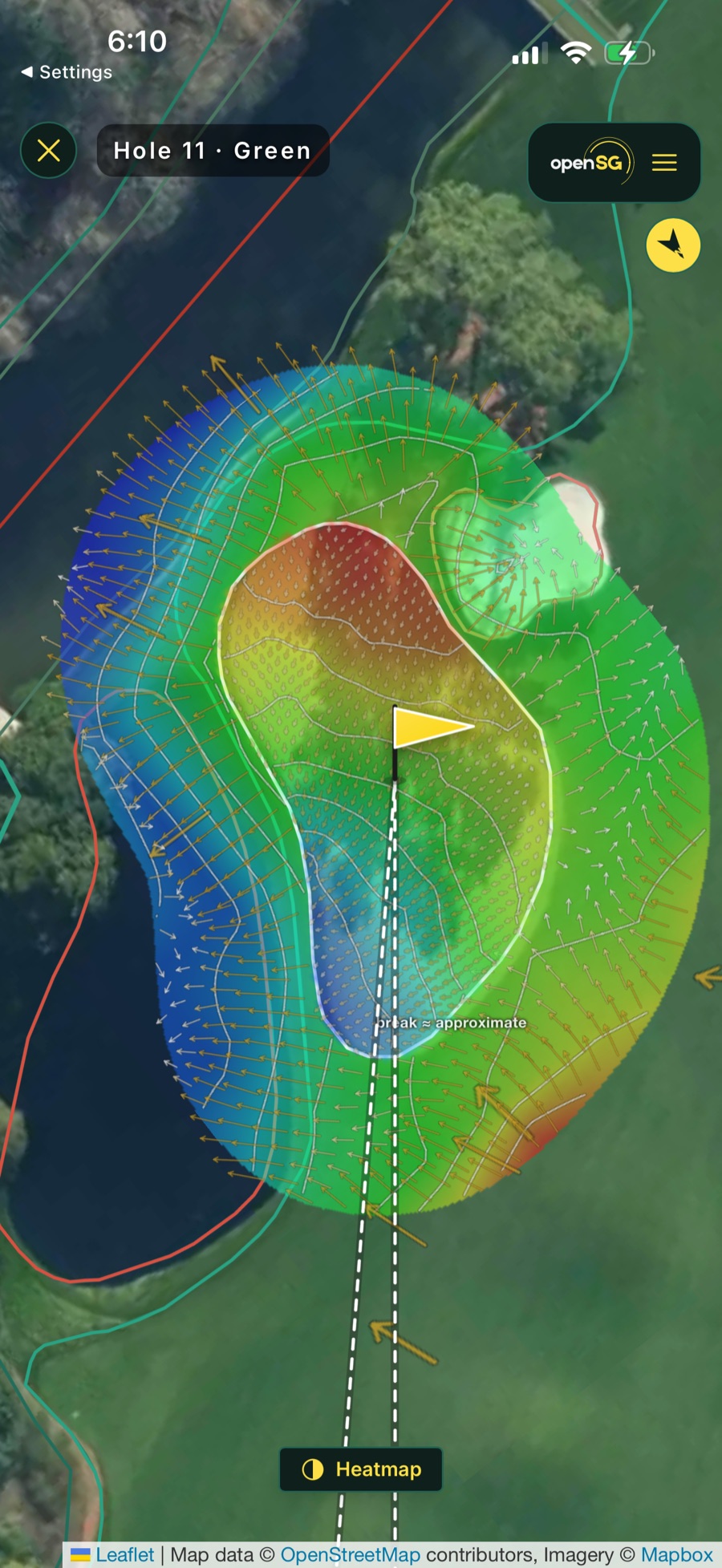 OpenSG's slope map for this green: color and arrows show which way every part of the surface sheds. Note how the whole front-left tilts back toward the water — a shot that lands there won't stay there.