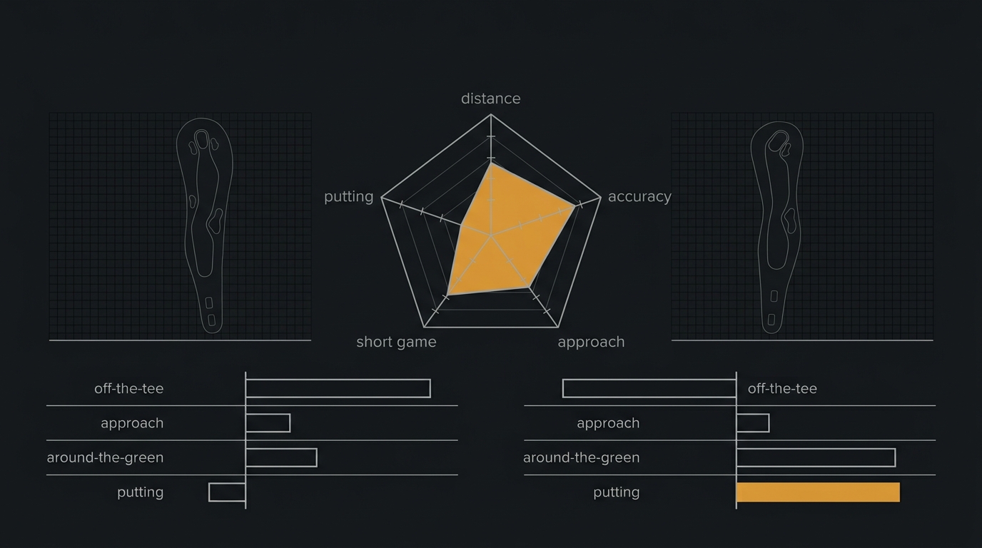 A player's strokes-gained profile matched against a specific course's category demands, showing where the player's strengths fit what the course actually asks for.