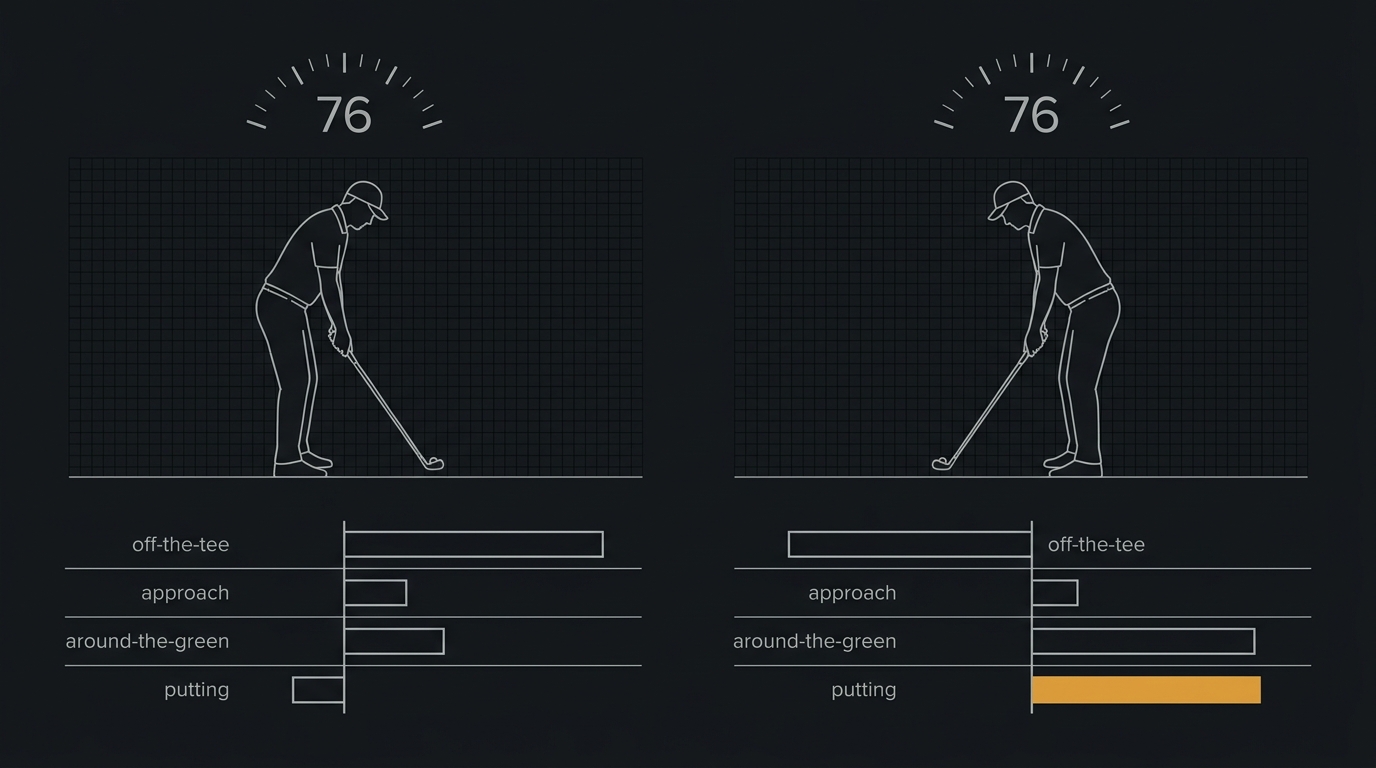 Two golfers with the same 76 scoring average but opposite strokes-gained profiles: one strong off-the-tee and weak on the greens, the other weak off-the-tee but strong around the green and putting.
