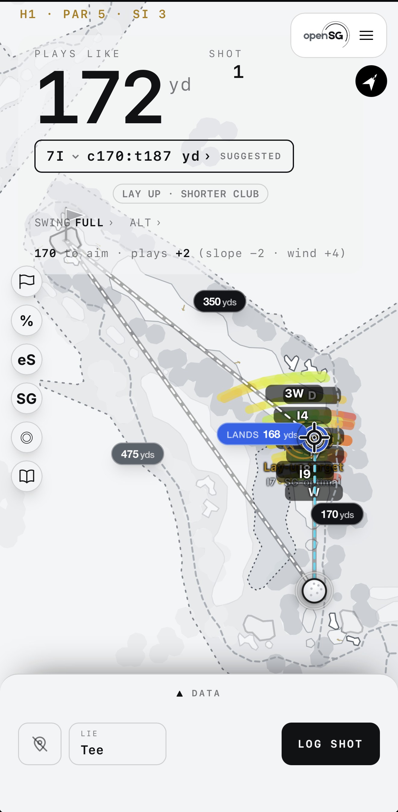 OpenSG's in-round screen on a par 5: the club fan and heat map curve along the fairway's bend, so the aim ring sits on the fairway where you'd actually play rather than on the straight line to the pin through the corner.