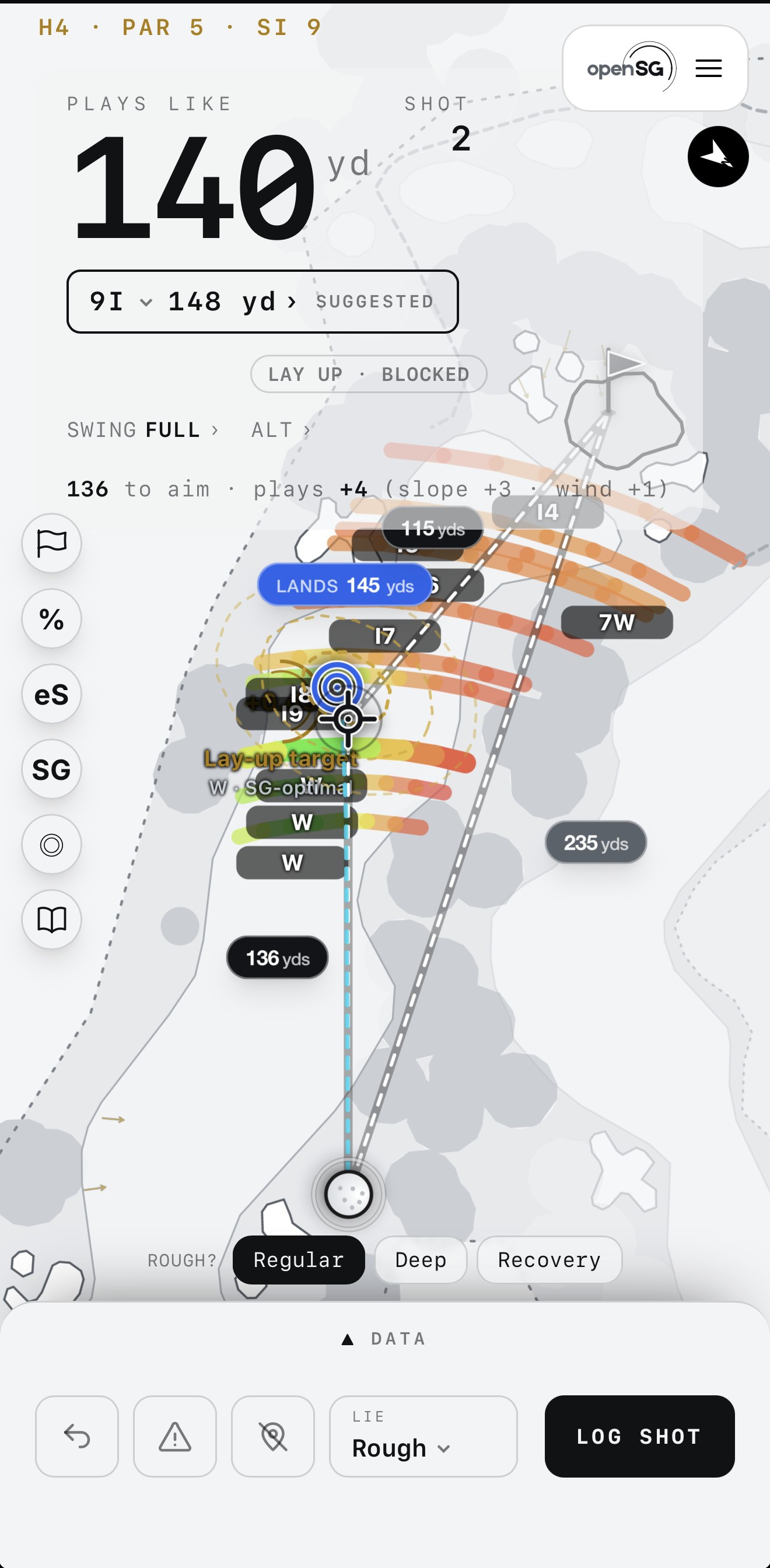 A "LAY UP · BLOCKED" read in OpenSG: the arcs that fire on toward trouble turn red as the average cost climbs, while the aim ring settles on the safe green band the math routed to. Nobody coded "lay up here" — the strokes did it.