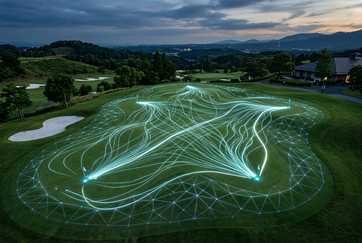 An aerial view of a green criss-crossed by hundreds of glowing putt traces converging on the holes, laid over a contour mesh. Every real putt sharpens the read that ships to the next player.