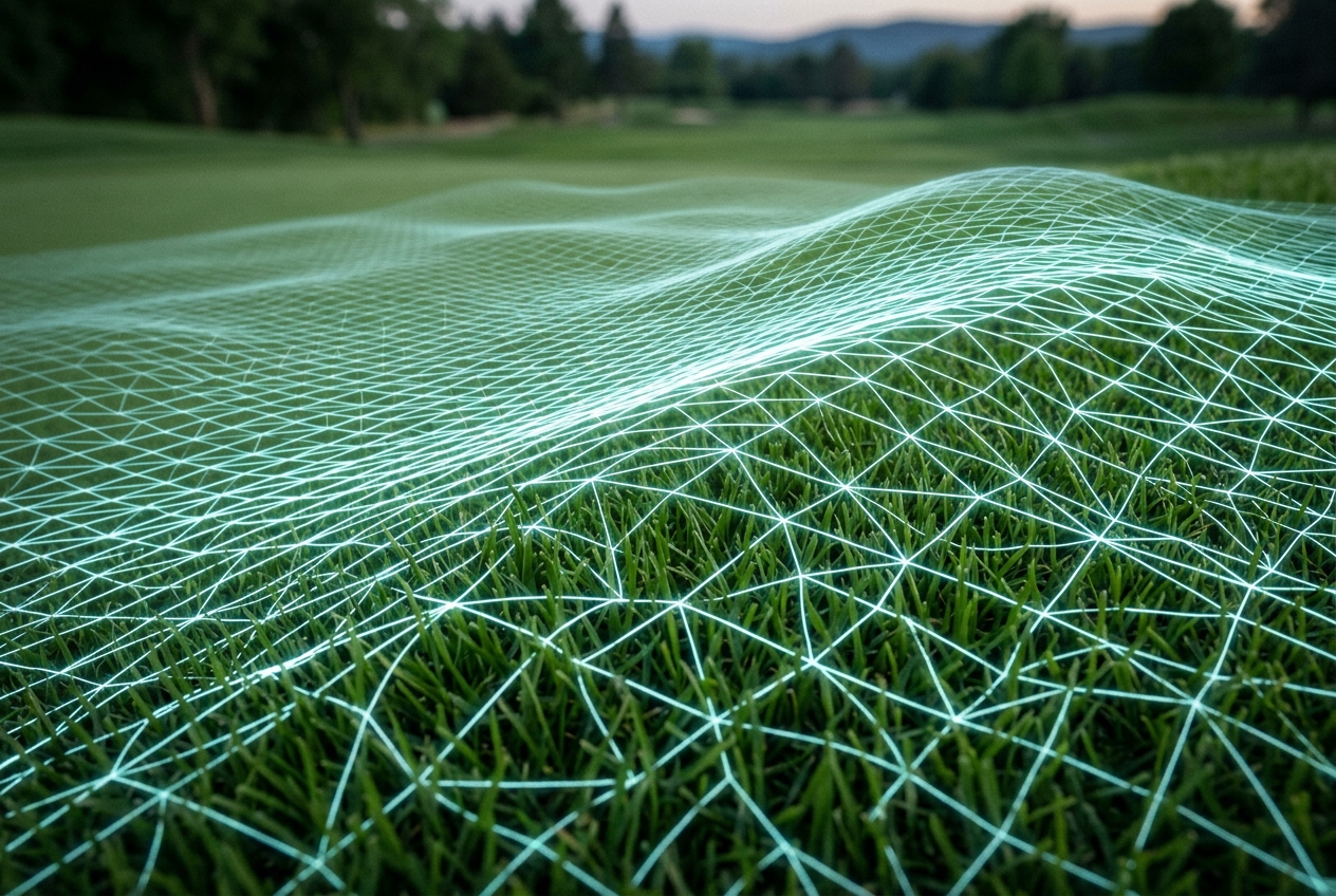 A glowing 3D scan mesh draped over the contour of a real green, exposing a ridge and a shelf the naked eye skates right over. This is the surface OpenSG rolls a simulated ball across.
