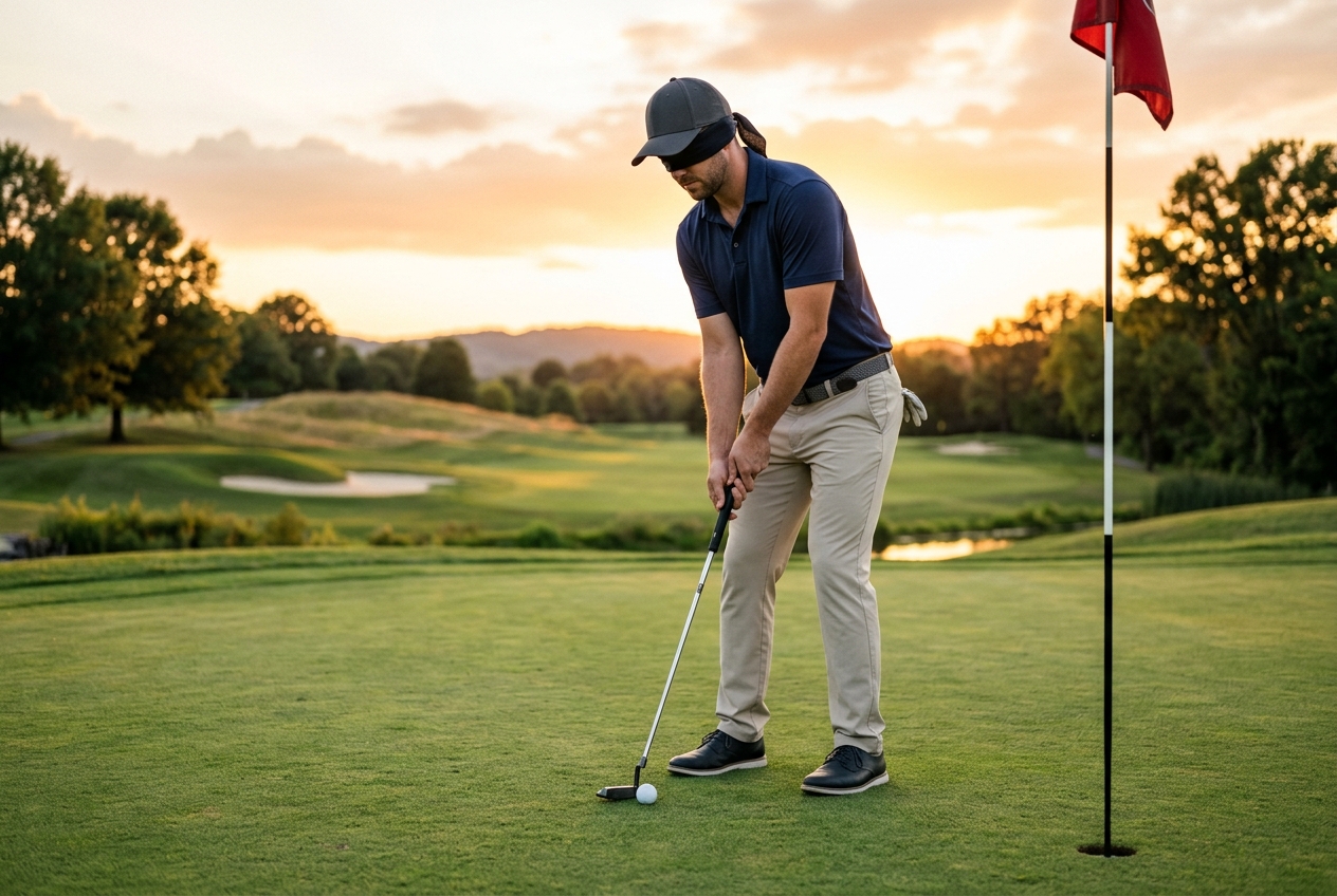A golfer settling over a putt at dusk, reading the line by eye. From this upright, down-the-line view, the slope is nearly invisible, which is exactly where the eye quietly under-reads the break.