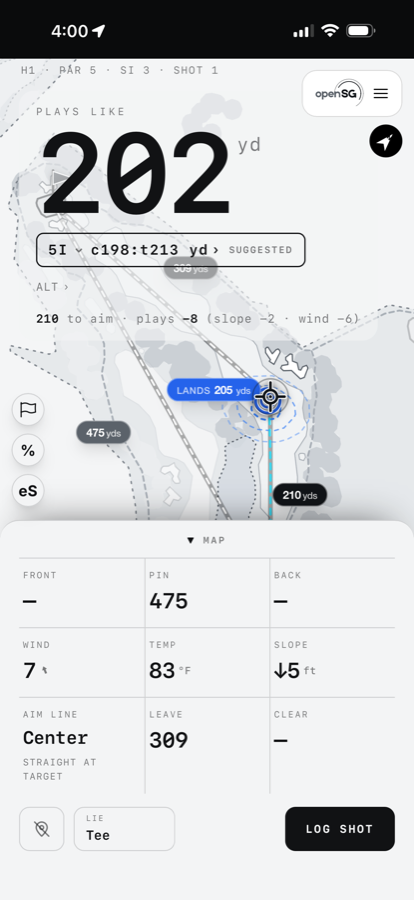 OpenSG in-round caddy — plays-like distance, suggested club, live distances, wind and slope